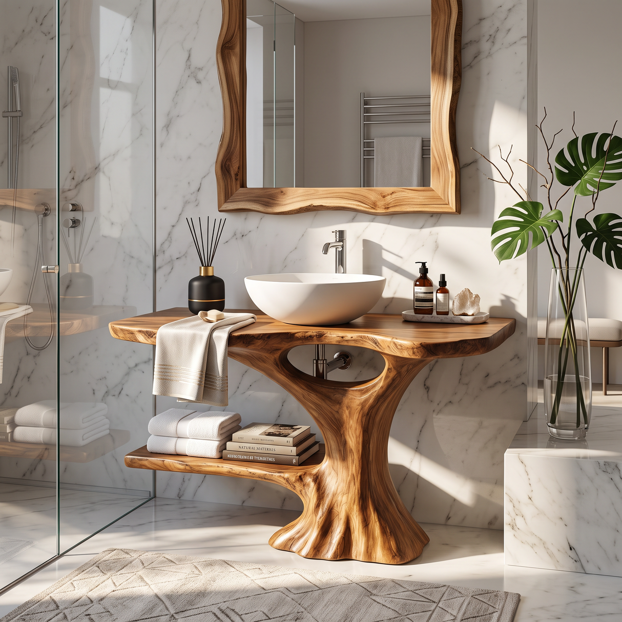 Bathroom Vanity Solid Wood with Organic Trunk Pedestal and Side Shelf