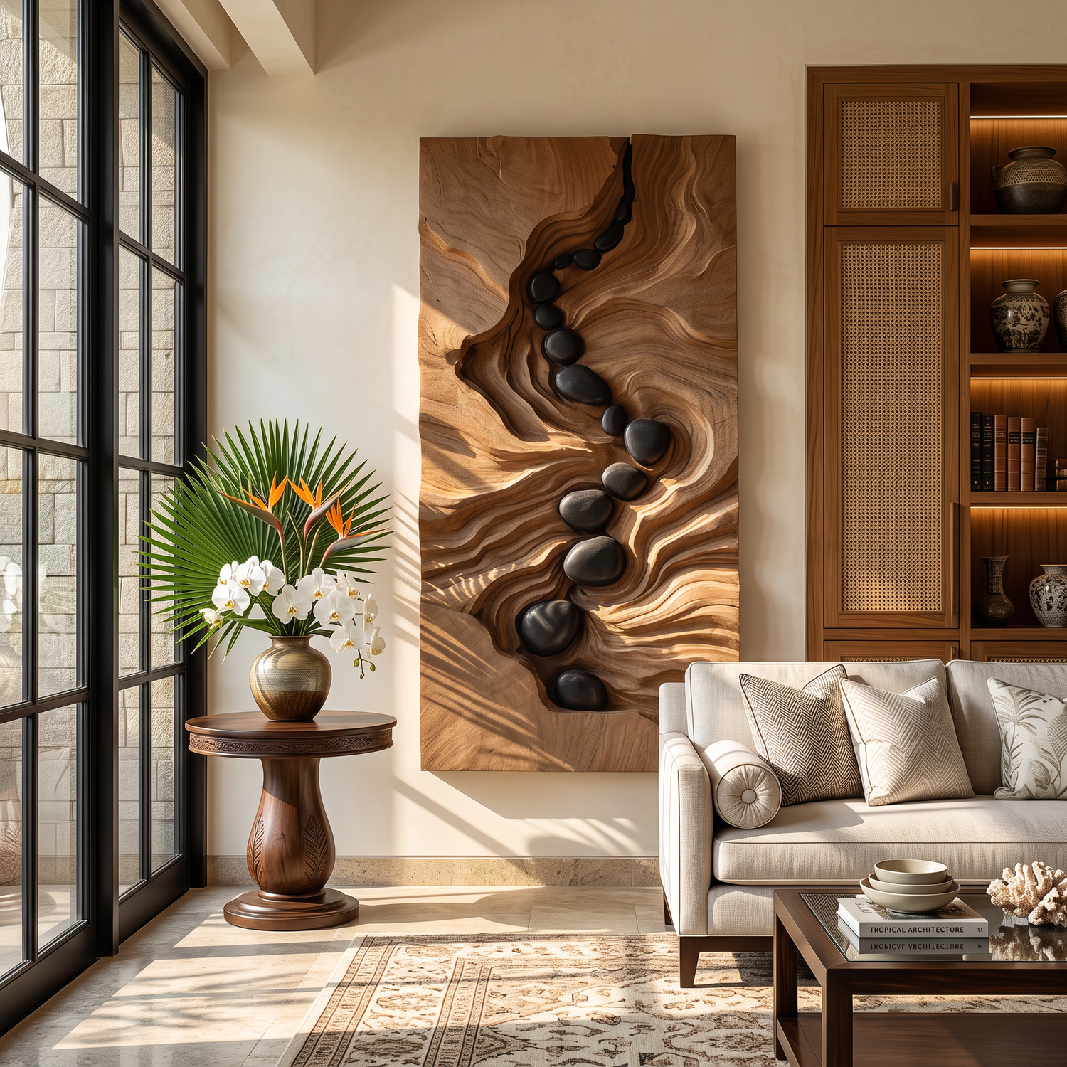 Wall Sculpture Solid Wood River Flow Carved Panel for Living Room