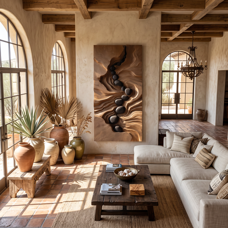 Wall Sculpture Solid Wood River Flow Carved Panel for Living Room