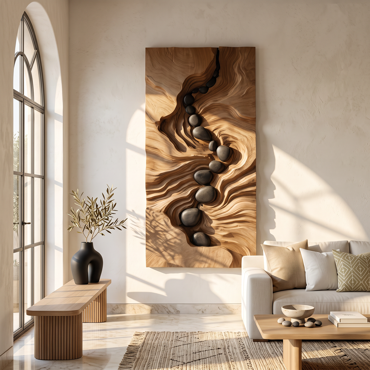 Wall Sculpture Solid Wood River Flow Carved Panel for Living Room