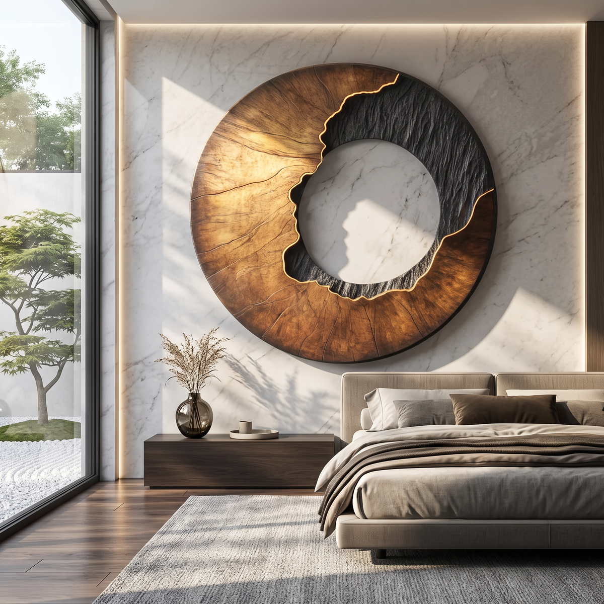 Modern Contrast Round Solid Wood Wall Sculpture for Interior Art