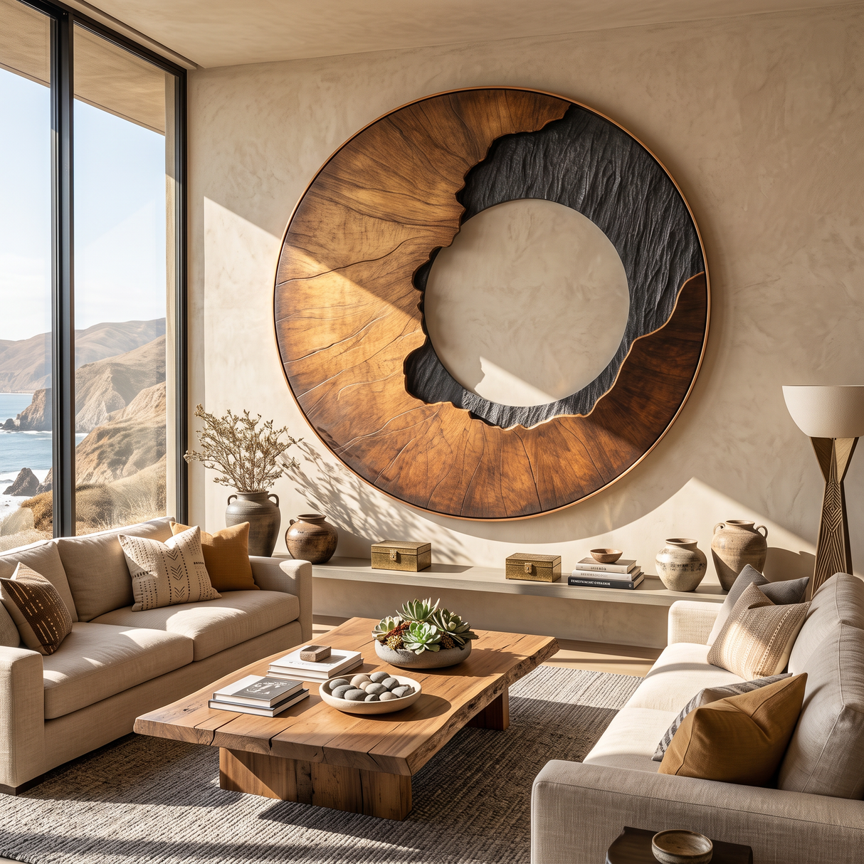 Modern Contrast Round Solid Wood Wall Sculpture for Interior Art
