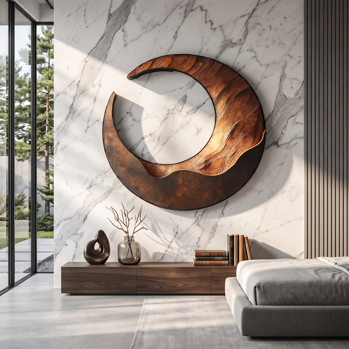 Large Solid Wood Crescent Wall Sculpture for Modern Living Rooms