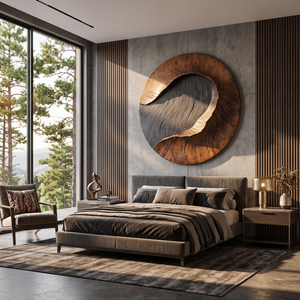 Modern Round Solid Wood Carving Wall Sculpture for Living Room Interiors