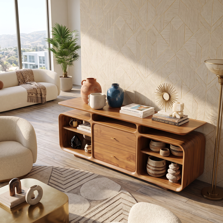 Solid Wood Sideboard Cabinet with Drawers and Open Storage Shelves