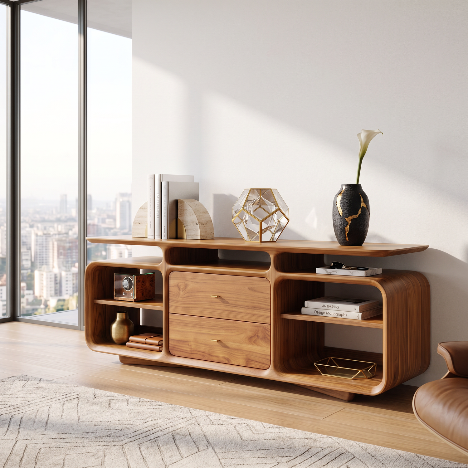Solid Wood Sideboard Cabinet with Drawers and Open Storage Shelves