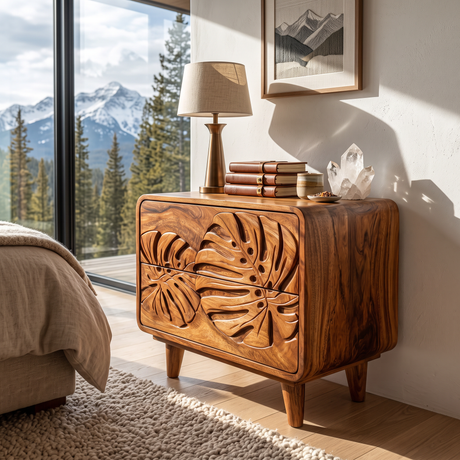 Handcrafted Solid Wood Nightstand with Tropical Leaf Carved Front