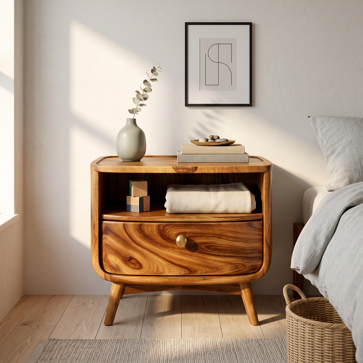 Handcrafted Solid Wood Nightstand with Open Shelf and Drawer for Bedroom