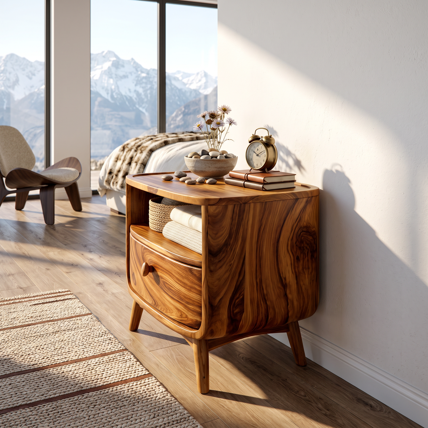 Handcrafted Solid Wood Nightstand with Open Shelf and Drawer for Bedroom