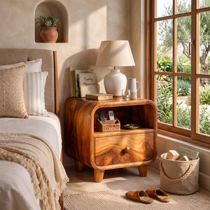 Handcrafted Solid Wood Bedside Table with Open Upper Shelf and Lower Drawer Storage