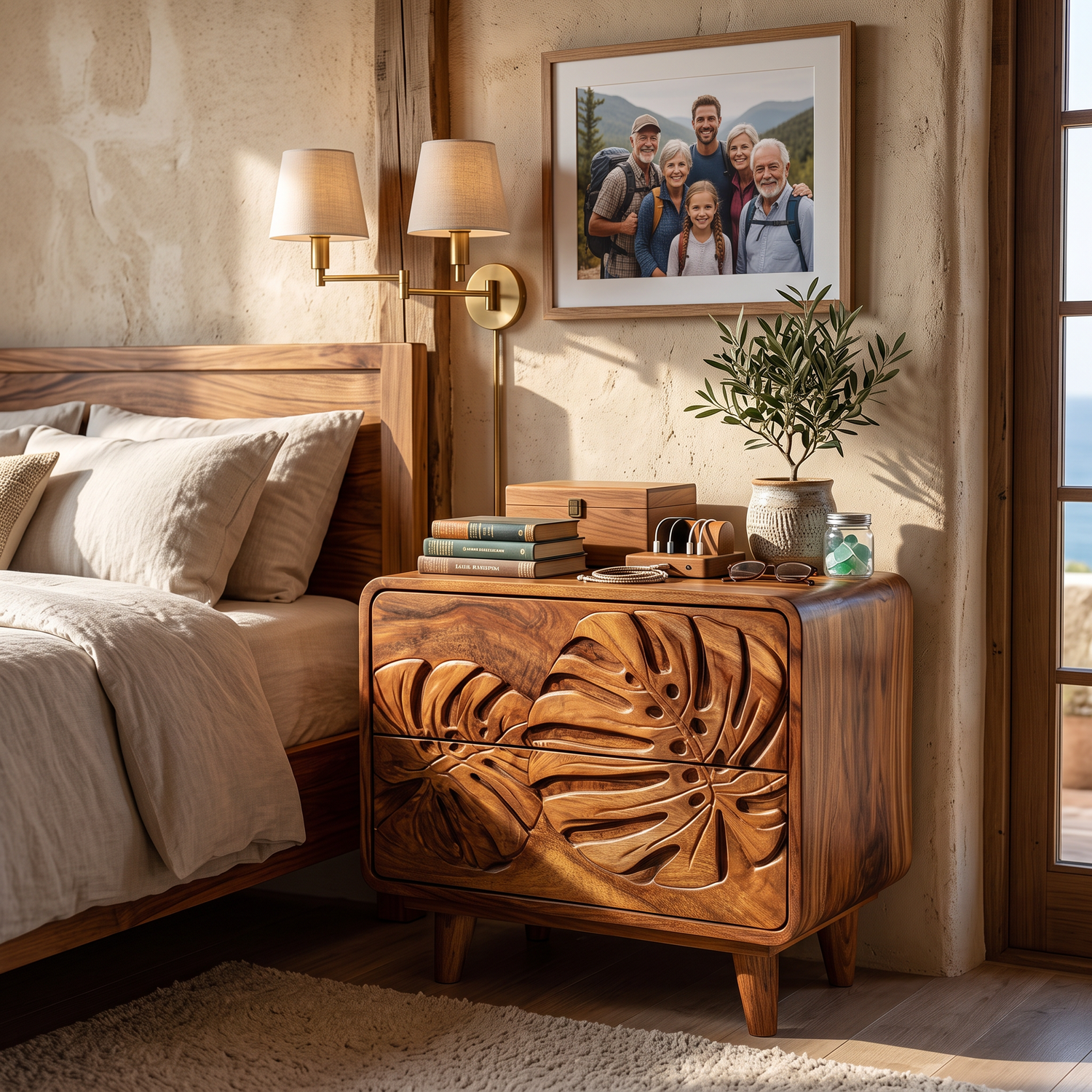 Handcrafted Solid Wood Nightstand with Tropical Leaf Carved Front