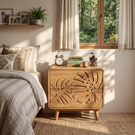 Handcrafted Solid Wood Nightstand with Tropical Leaf Carved Front