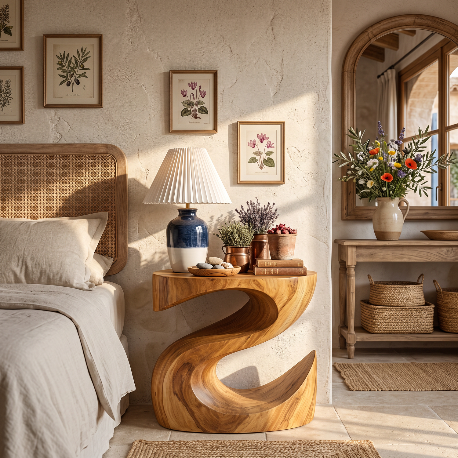 Handcrafted Solid Wood Bedside Table with Sculptural Curved Base for Bedroom