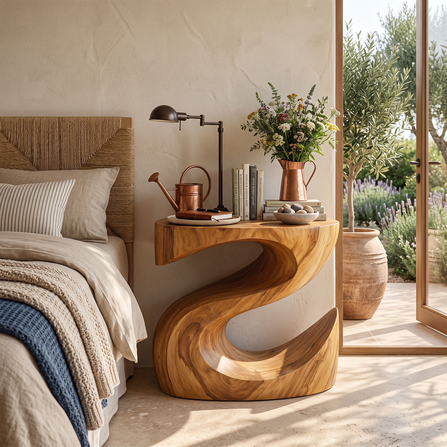 Handcrafted Solid Wood Bedside Table with Sculptural Curved Base for Bedroom