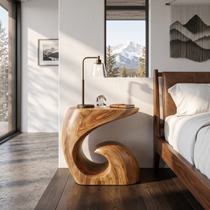 Handcrafted Solid Wood Side Table with Sculptural Curved Base for Bedroom