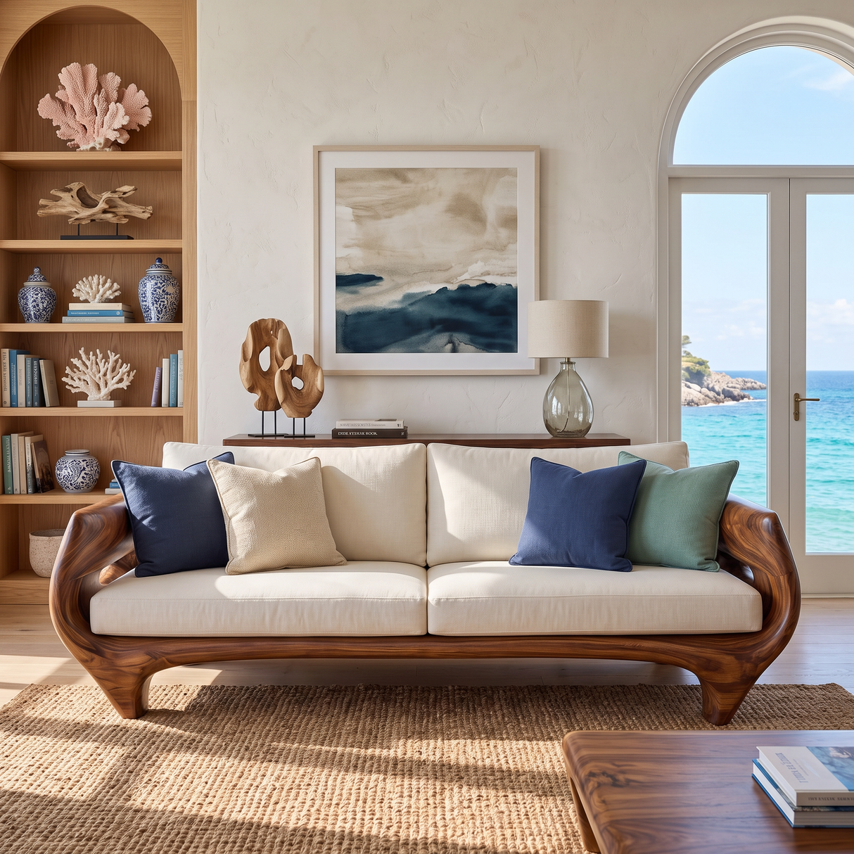 Solid Wood Sofa with Sculptural Panel Arms for Reading Room and Library Interior
