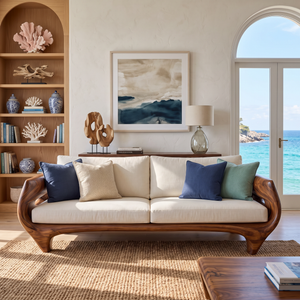 Solid Wood Sofa with Sculptural Panel Arms for Reading Room and Library Interior