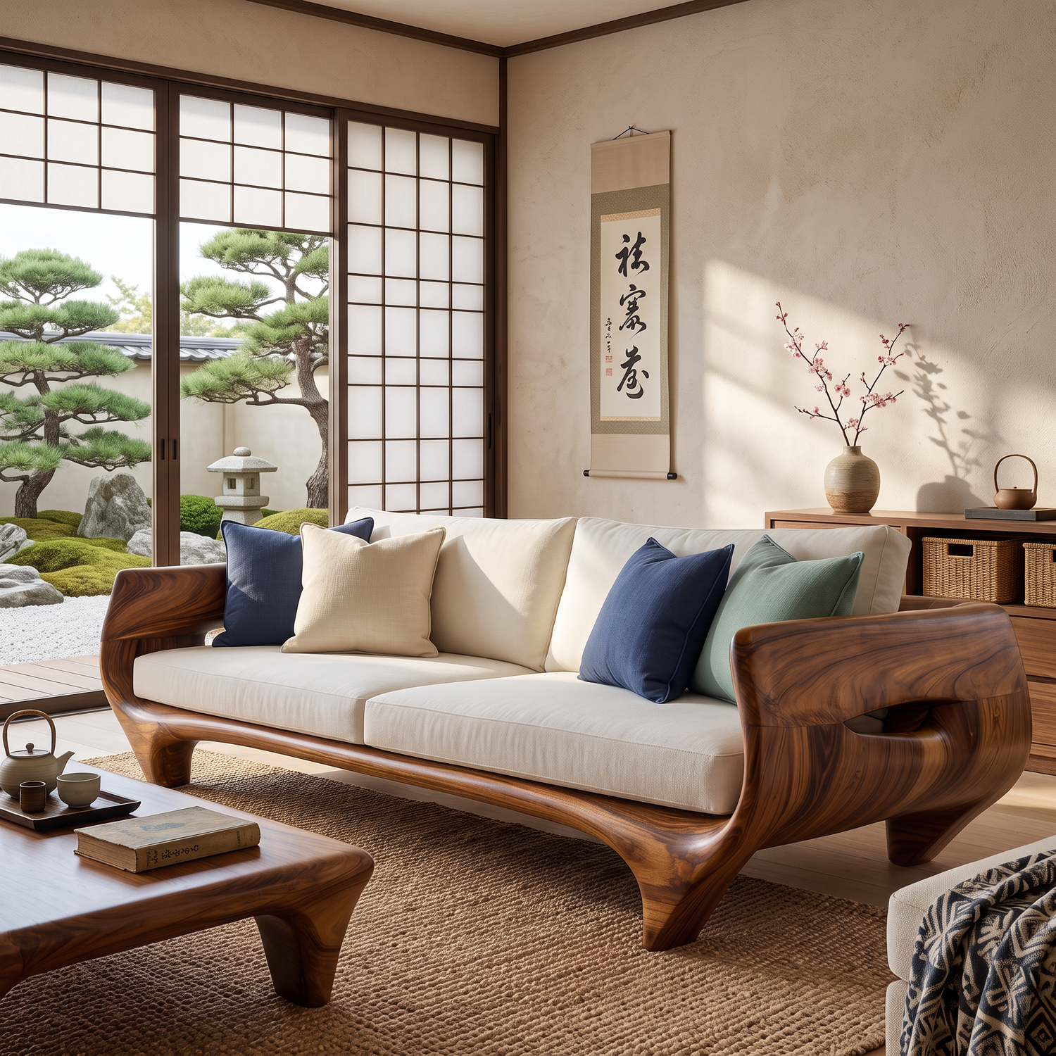 Solid Wood Sofa with Sculptural Panel Arms for Reading Room and Library Interior