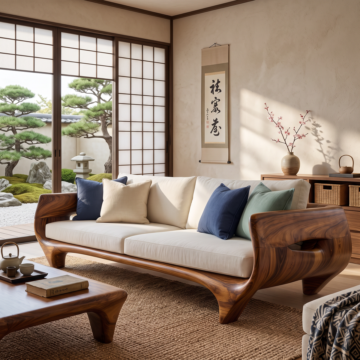 Solid Wood Sofa with Sculptural Panel Arms for Reading Room and Library Interior
