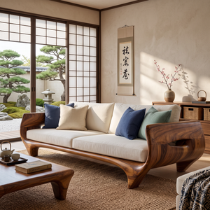 Solid Wood Sofa with Sculptural Panel Arms for Reading Room and Library Interior