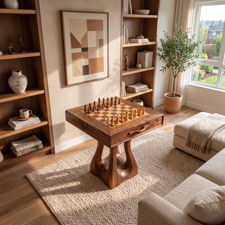 Handcrafted Solid Wood Chess Table with Drawer and Carved Pedestal Base