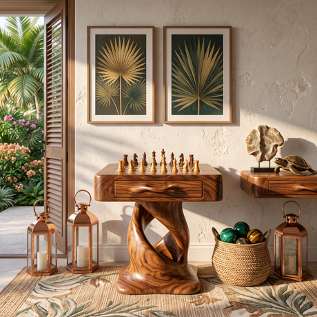Chess Table Solid Wood with Storage Drawer and Sculptural Pedestal