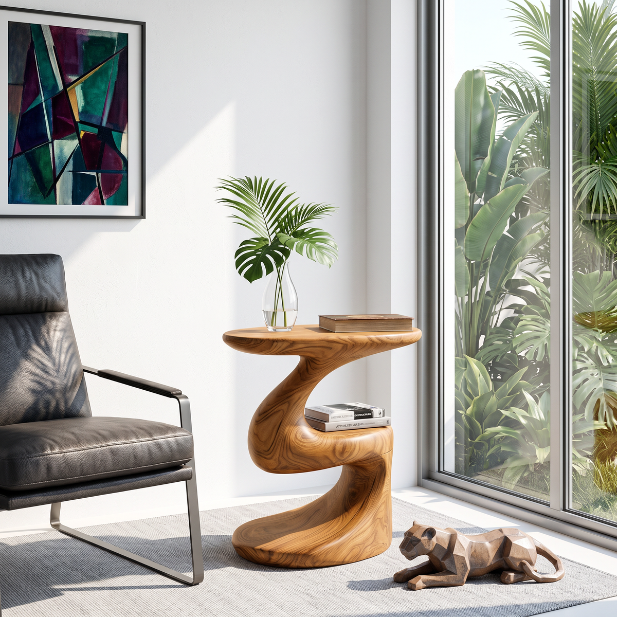 Curved Solid Wood Accent Table with Floating Shelf Modern Sculptural Side Table