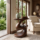 Curved Solid Wood Accent Table with Floating Shelf Modern Sculptural Side Table