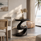 Curved Solid Wood Accent Table with Floating Shelf Modern Sculptural Side Table