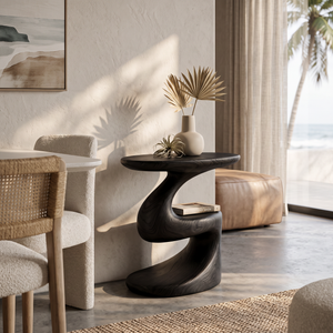 Curved Solid Wood Accent Table with Floating Shelf Modern Sculptural Side Table