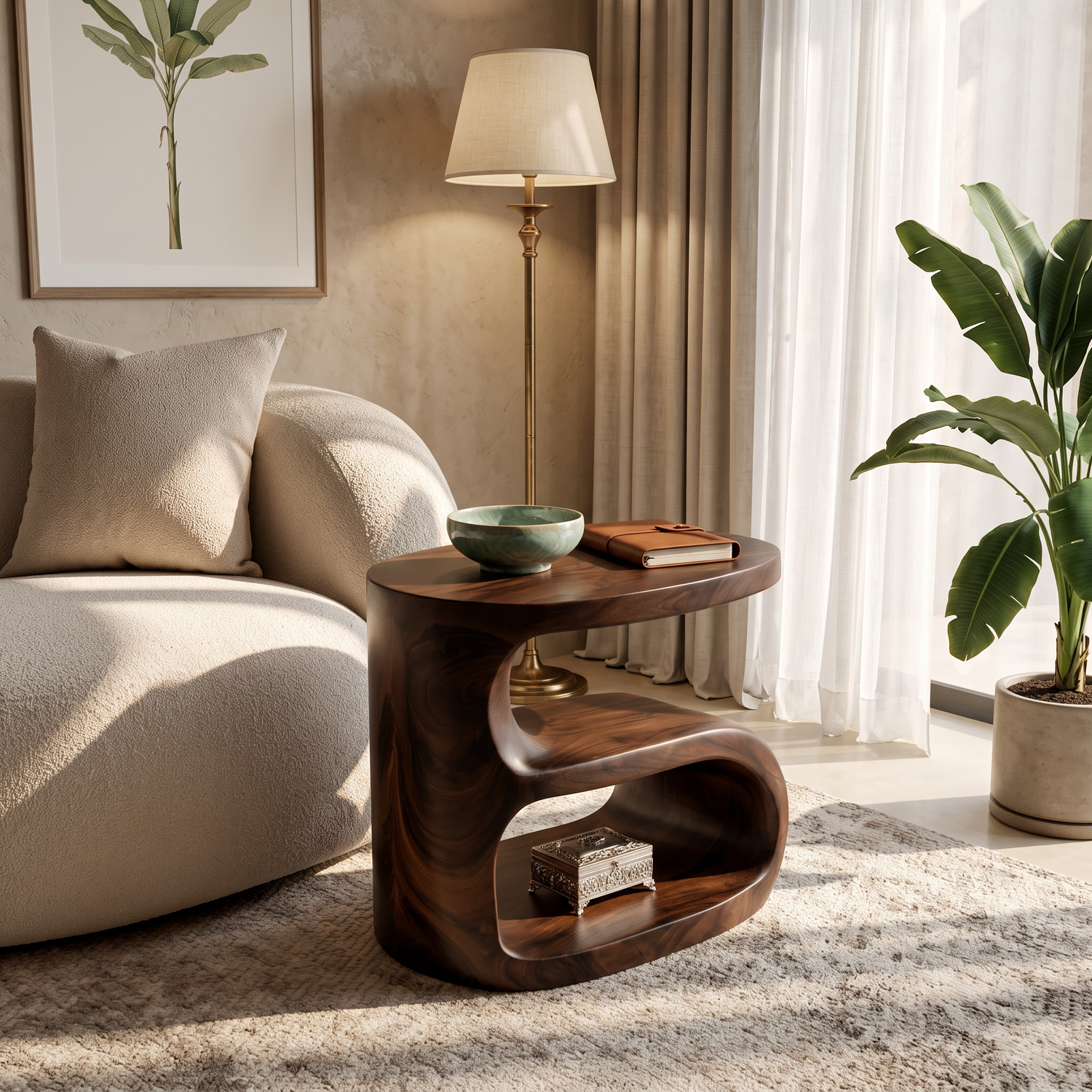 Solid Wood Sculptural Side Table for Sofa and Reading Corner