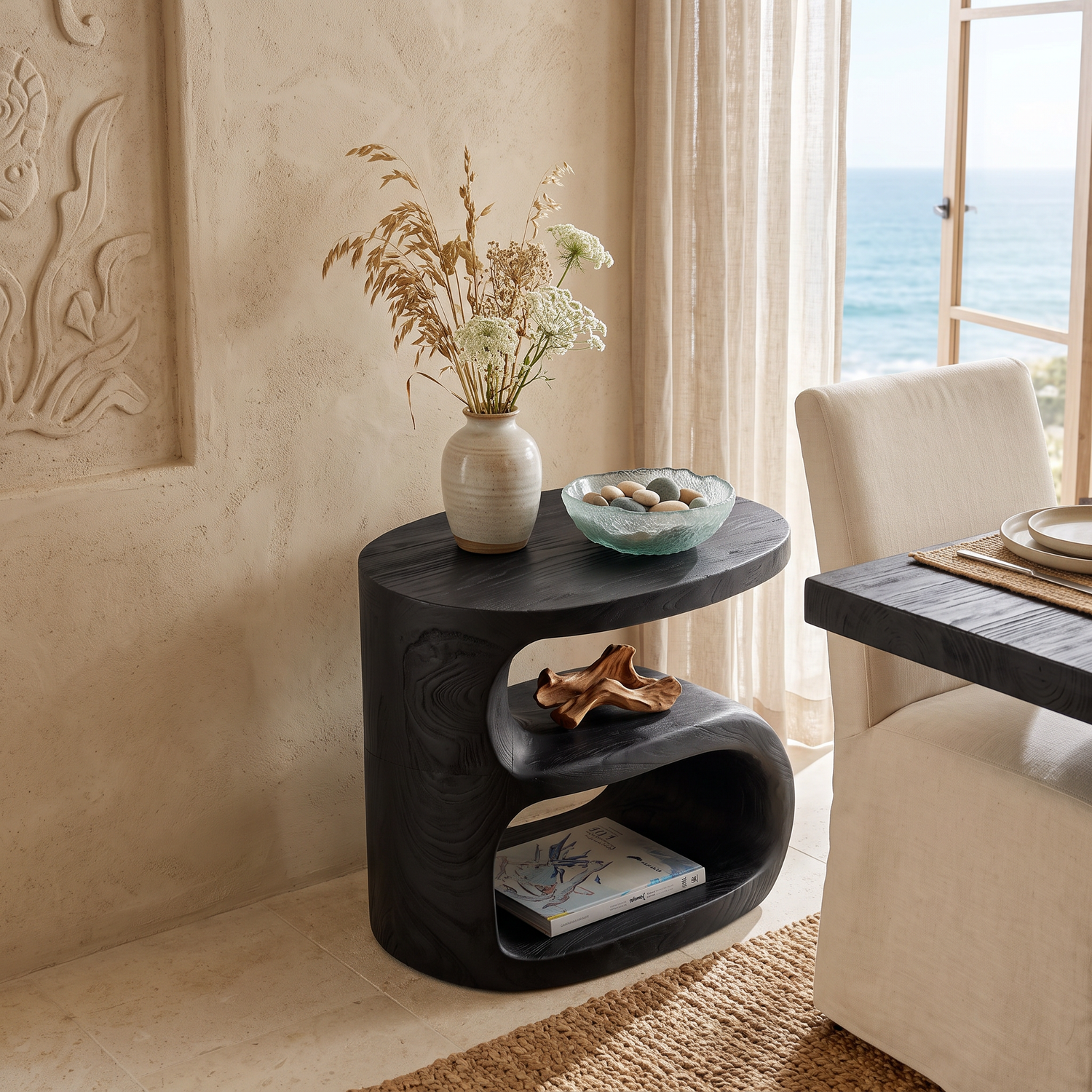 Solid Wood Sculptural Side Table for Sofa and Reading Corner