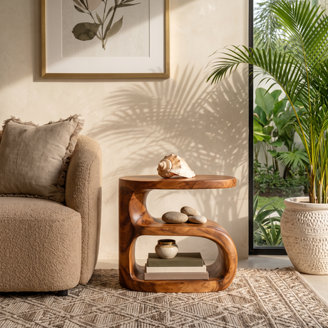 Solid Wood Sculptural Side Table for Sofa and Reading Corner