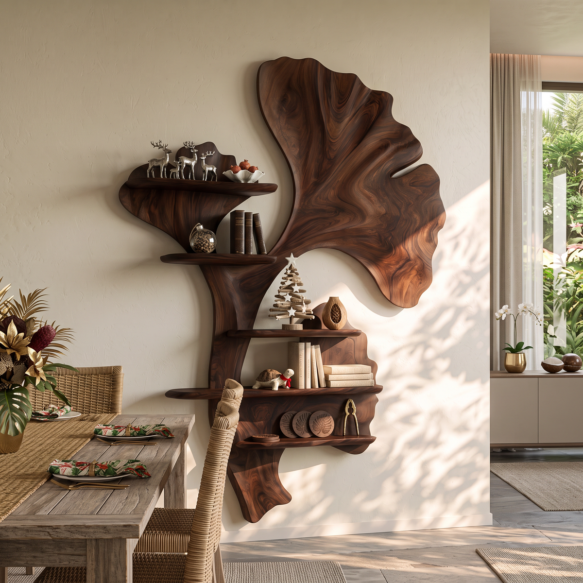 Ginkgo Leaf Solid Wood Wall Shelf with Sculptural Botanical Design