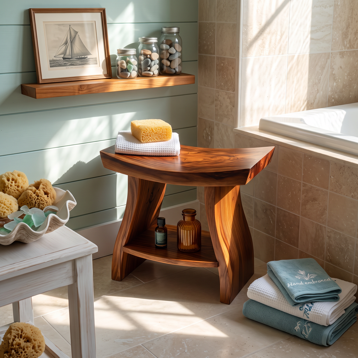 Solid Wood Bath Stool with Sculpted Top and Shelf