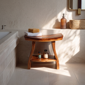Solid Wood Bath Stool with Sculpted Top and Shelf