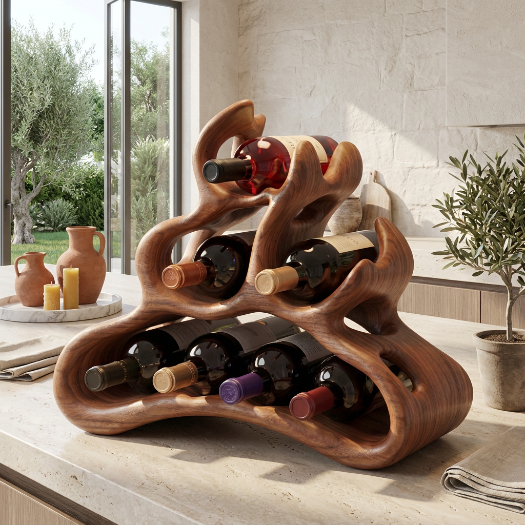 Organic Solid Wood Wine Rack Artistic Curved Bottle Holder Compact Countertop Display