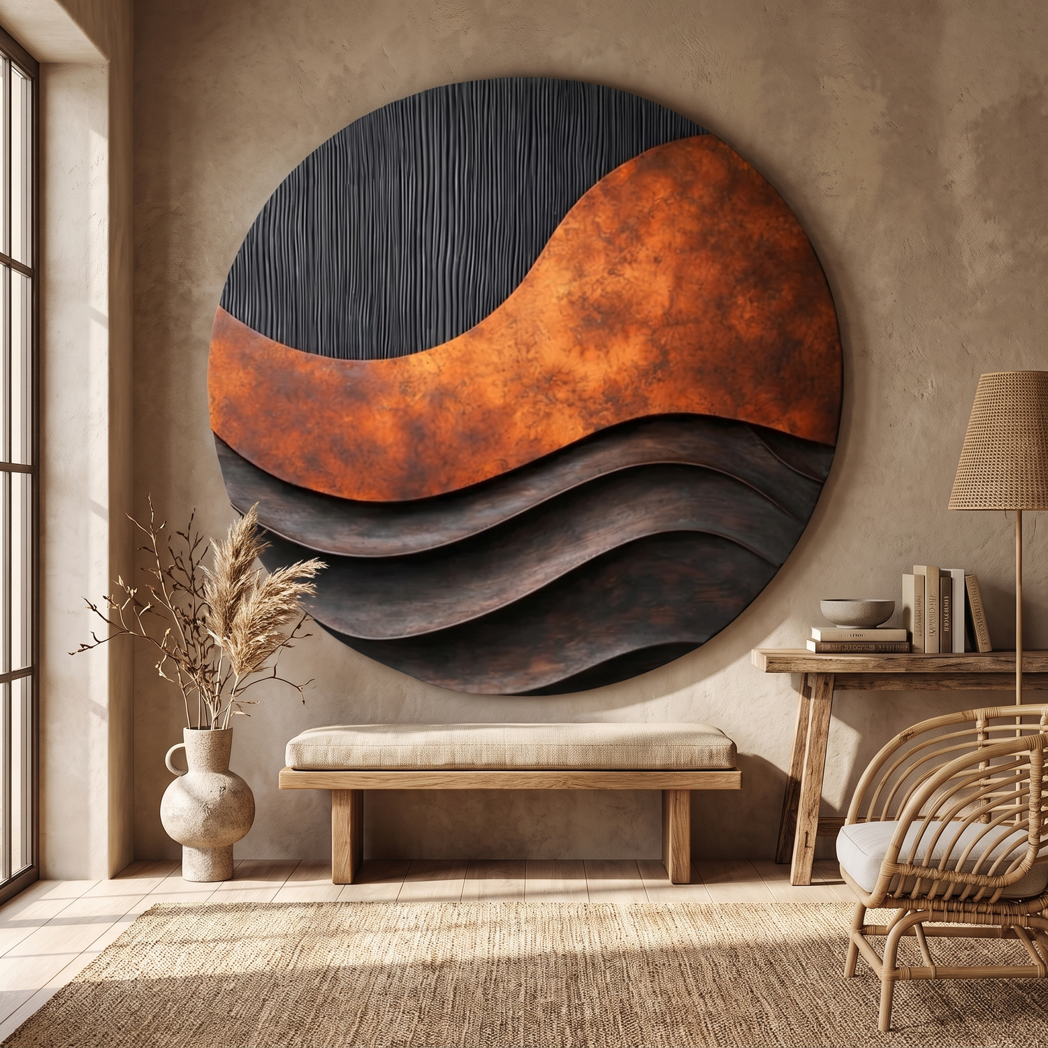 Round Layered Wall Sculpture with Wave Form Relief