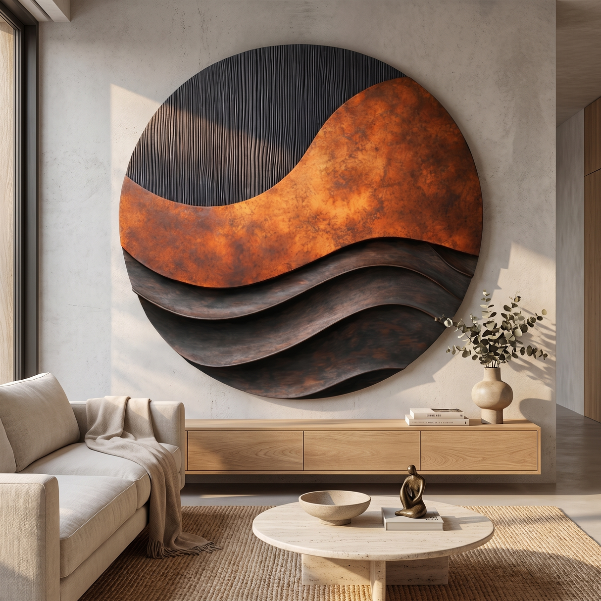 Round Layered Wall Sculpture with Wave Form Relief