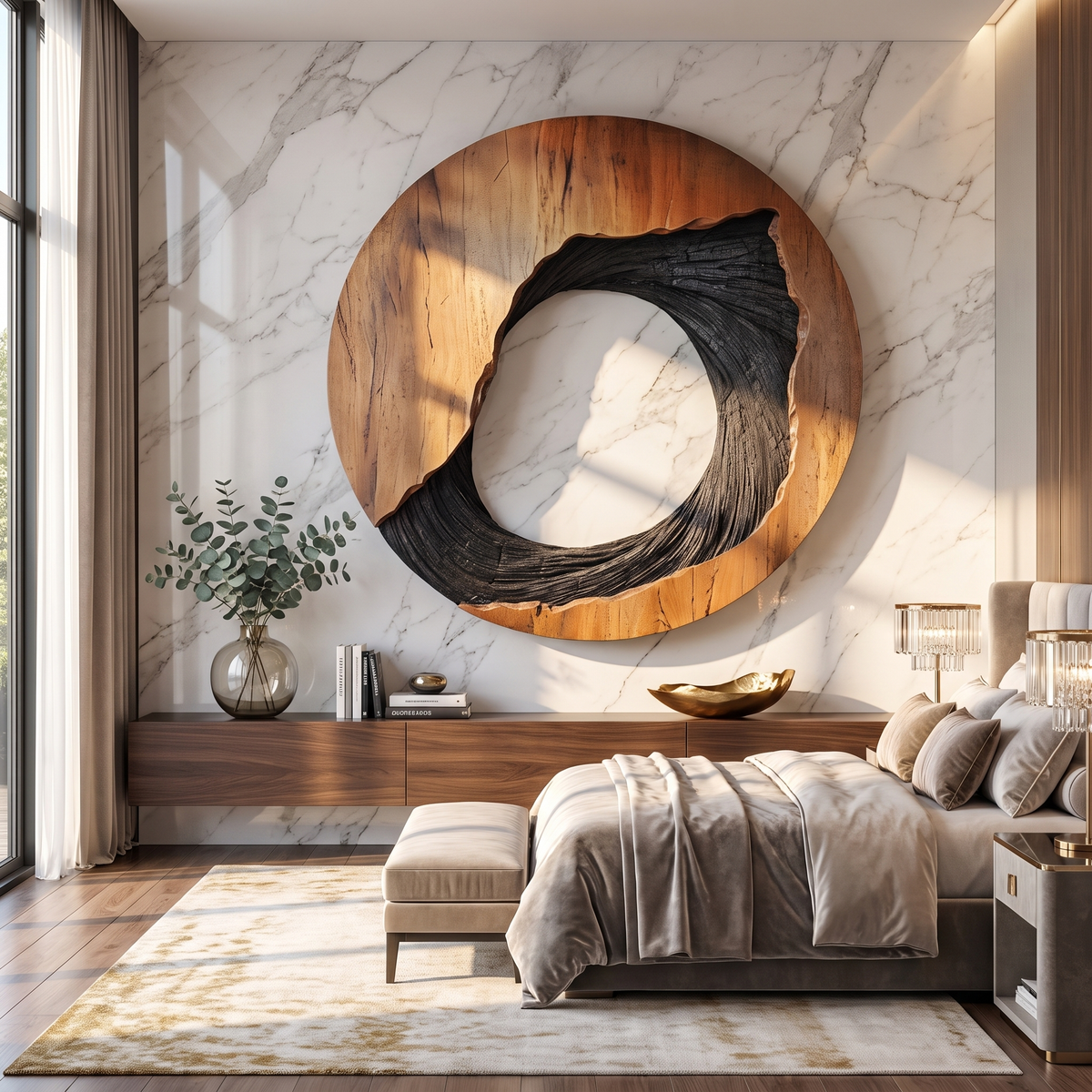 Round Wood Wall Sculpture with Open Center and Textured Carved Detail