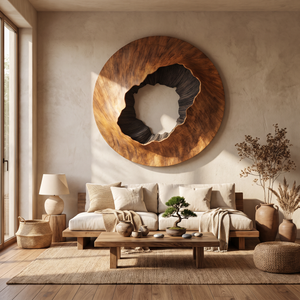 Large Round Solid Wood Wall Sculpture with Textured Center for Modern Interiors