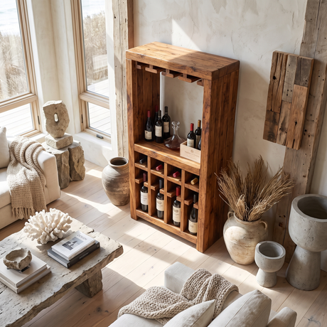 Solid Wood Wine Rack Cabinet with Stemware Holder and Display Shelf