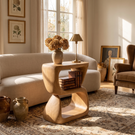 S-Form Sculpted Solid Wood Accent Side Table for Living Room Decor