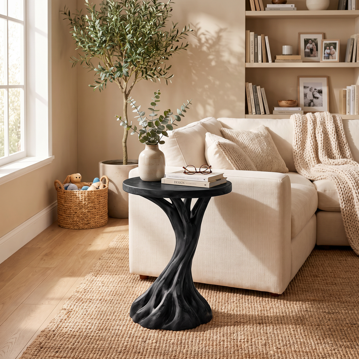 Organic Pedestal Solid Wood Side Table with Round Top for Living Room Decor