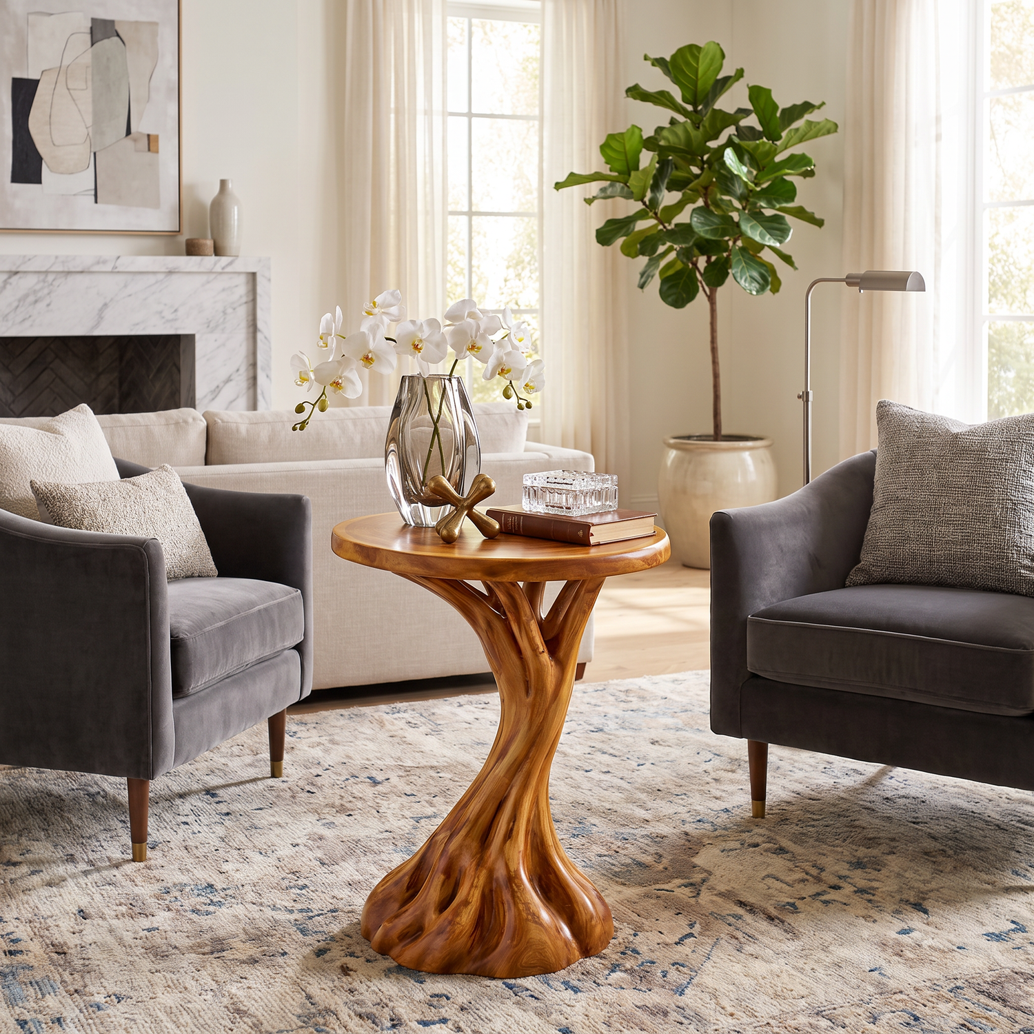 Organic Pedestal Solid Wood Side Table with Round Top for Living Room Decor