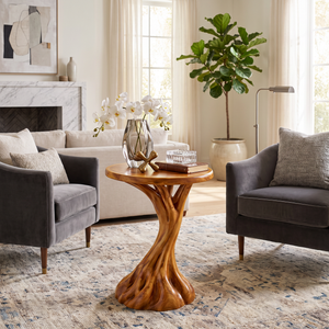 Organic Pedestal Solid Wood Side Table with Round Top for Living Room Decor