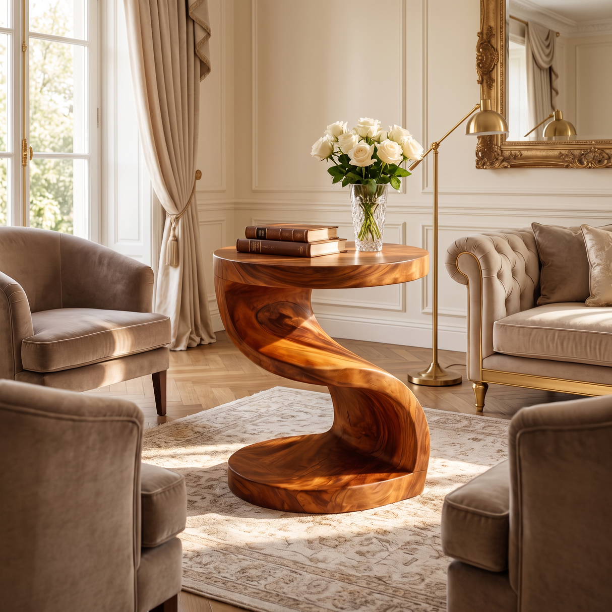 Organic Solid Wood Side Table with S Shaped Base for Modern Living Room