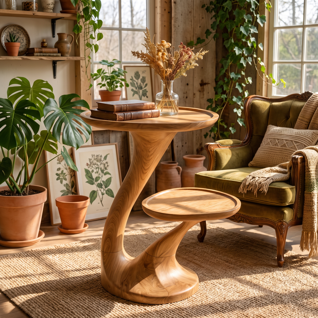 Sculptural Two-Tier Solid Wood Side Table for Living Room and Reading Corner Decor