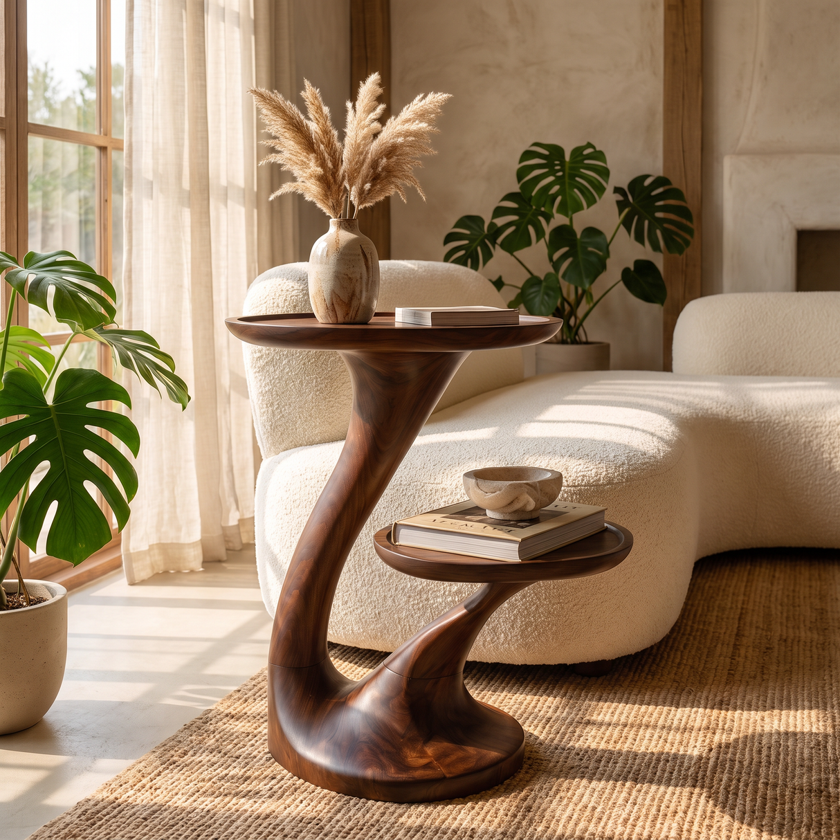 Sculptural Two-Tier Solid Wood Side Table for Living Room and Reading Corner Decor