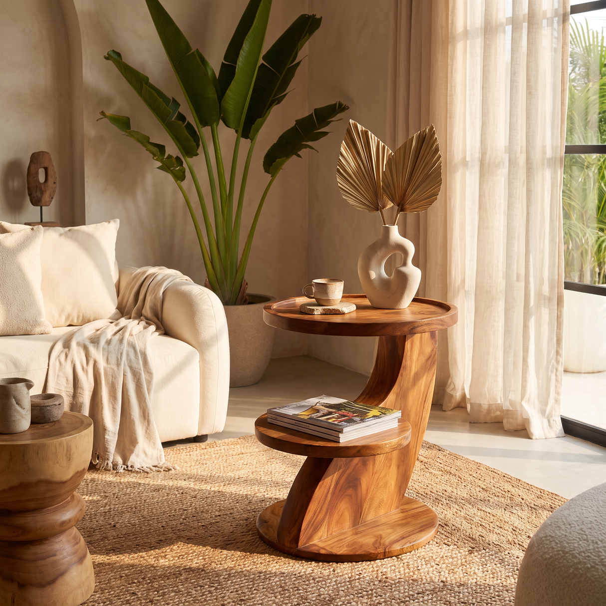 Two Tier Solid Wood Side Table for Living Room and Bedroom Use